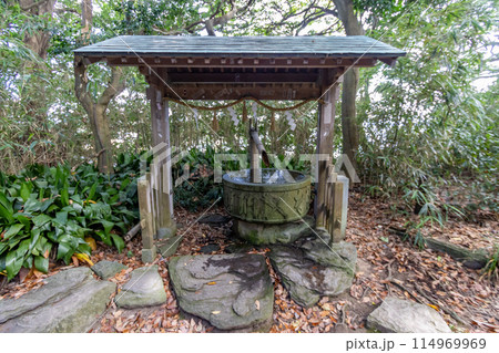 Water basin at Ominato jinja shrine, on Oshima Island, Fukui, Japan 114969969