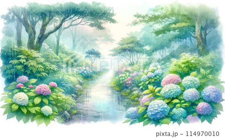 水彩画風 紫陽花と梅雨 水彩画風 紫陽花と梅雨 114970010
