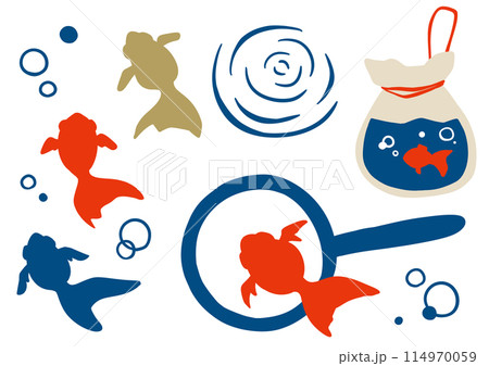 金魚すくいの手描きイラストセット 114970059
