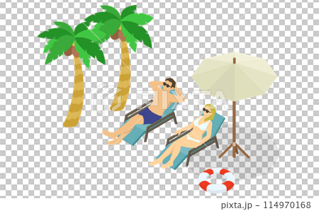 等距插圖:男人和女人在海灘上放鬆 等距插圖:男人和女人在海灘上放鬆 114970168
