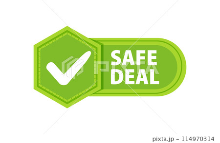 Safe Deal Guarantee Badge with a check mark. Label or sticker 114970314
