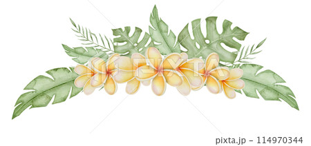 Plumeria Watercolor illustration. Frangipani flower with tropical palm leaves. Hand drawn floral border for frame on isolated background. Bouquet of exotic summer plants for invitations or cards. 114970344