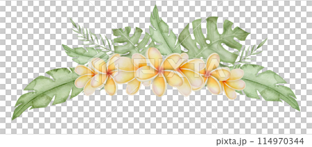 Plumeria Watercolor illustration. Frangipani flower with tropical palm leaves. Hand drawn floral border for frame on isolated background. Bouquet of exotic summer plants for invitations or cards. 114970344