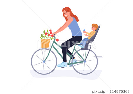 Mother rides bicycle with little son and enjoys opportunity for summer recreation in fresh air Mother rides bicycle with little son and enjoys opportunity for summer recreation in fresh air 114970365