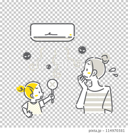 エアコンの状態を心配するお母さんと娘 シンプルでお洒落な線画イラスト エアコンの状態を心配するお母さんと娘 シンプルでお洒落な線画イラスト 114970381