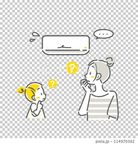 A mother and daughter worried about the condition of the air conditioner. A simple and stylish line drawing illustration A mother and daughter worried about the condition of the air conditioner. A simple and stylish line drawing illustration 114970382