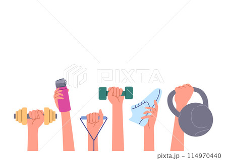 Sports equipment in hands of people lifting weights and dumbbells for fitness training or running Sports equipment in hands of people lifting weights and dumbbells for fitness training or running 114970440
