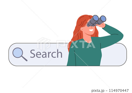 Woman uses internet search for educational research, stands with binoculars in hands near search bar Woman uses internet search for educational research, stands with binoculars in hands near search bar 114970447
