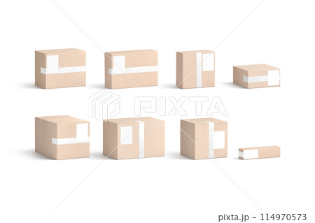 Blank white shipping label on craft box mockup, different shapes 114970573