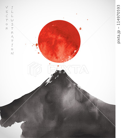 Ink wash painting on big Fuji mountain and big red sun. Traditional Japanese ink wash painting sumi-e. Ink wash painting on big Fuji mountain and big red sun. Traditional Japanese ink wash painting sumi-e. 114970593