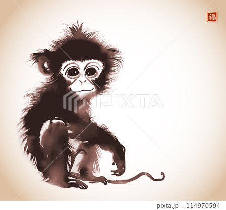Ink wash painting of baby monkey in vintage style. Traditional oriental ink painting sumi-e, u-sin, go-hua. Hieroglyph - good luck Ink wash painting of baby monkey in vintage style. Traditional oriental ink painting sumi-e, u-sin, go-hua. Hieroglyph - good luck 114970594