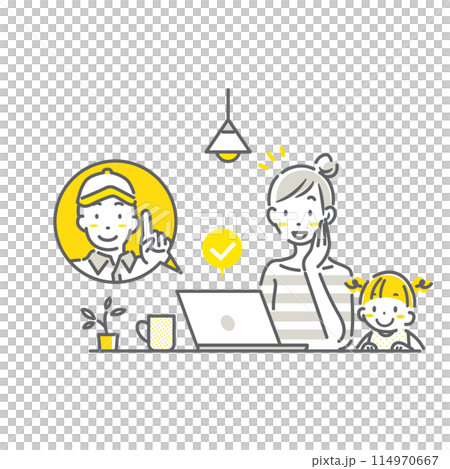 A young mother and daughter requesting home appliance repairs online. A simple and stylish line drawing illustration 114970667