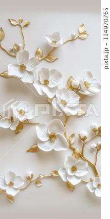 White flowers with golden leaves on white background. White and golden luxury 3d floral background 114970765