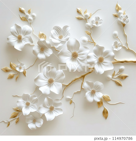 White flowers with golden leaves on white background. White and golden luxury 3d floral background White flowers with golden leaves on white background. White and golden luxury 3d floral background 114970786