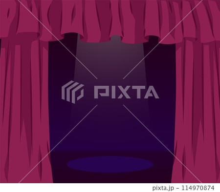 Burgundy curtains and draperies on the cornice, vector theatre labrecque decoration on the scene with spotlight, stage 114970874