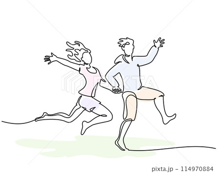 Happy running and jumping couple girl and man. Continuous one line 114970884