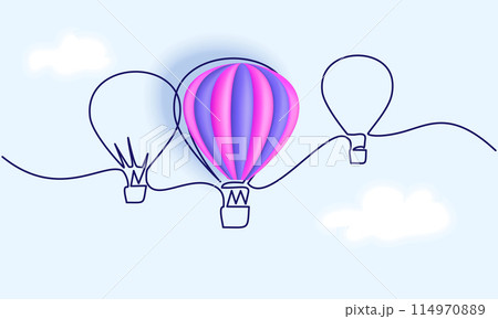 Hot air balloons flying in sky sign. Continuous one line drawing 114970889