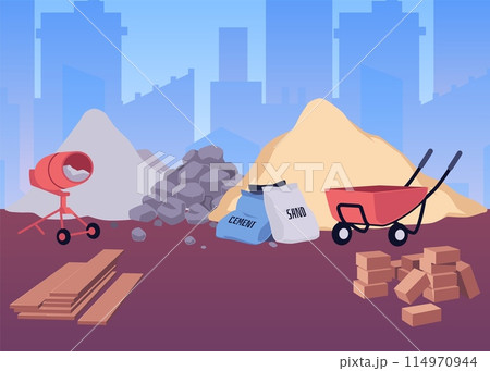 Construction and building material on cityscape vector flat illustration, cement sand heap, concrete mixer, bricks pile 114970944