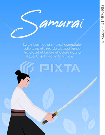 Samurai warrior with sword vector poster, Japanese Samurai fighter with katana Bushido costume on blue floral background 114970988