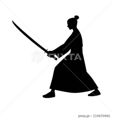 Samurai warrior with a sword black silhouette vector, Japanese Samurai fighter with katana, shogun in Bushido costume 114970992