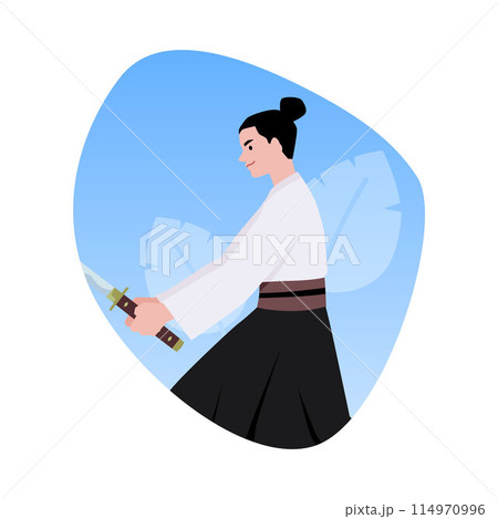 A vector illustration depicting a samurai side view in a fighting pose with a katana 114970996