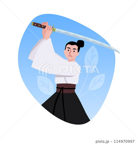 Vector illustration depicting a samurai in a fighting pose in a kimono with a katana Vector illustration depicting a samurai in a fighting pose in a kimono with a katana 114970997