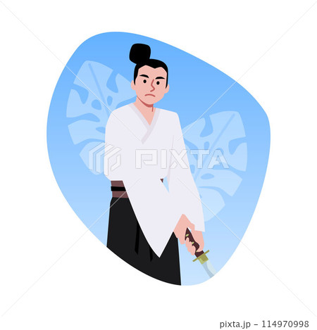 Samurai warrior with a sword vector, Japanese Samurai fighter with katana, Bushido clothes isolated on floral background 114970998