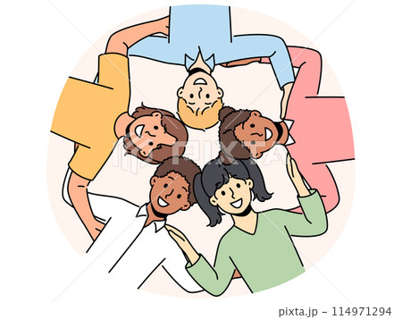 Multiracial little children smile and look at screen, symbolizing friendship and absence prejudice 114971294