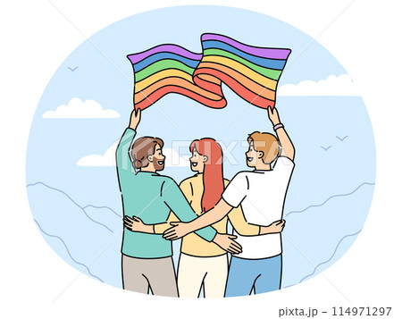 Group of people with LGBT flag travel with pride community and admire beautiful nature Group of people with LGBT flag travel with pride community and admire beautiful nature 114971297