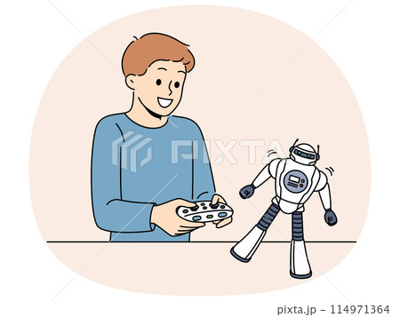 Boy with toy remote controlled robot for concept of learning robotics at school or kindergarten Boy with toy remote controlled robot for concept of learning robotics at school or kindergarten 114971364