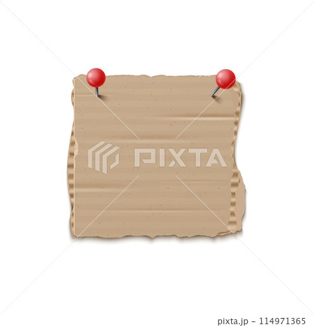 Piece of torn cardboard attached with stationery red pins, vector ripped corrugated brown paper fragment, empty notice Piece of torn cardboard attached with stationery red pins, vector ripped corrugated brown paper fragment, empty notice 114971365