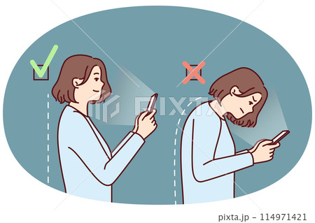Girl with mobile phone demonstrates correct and incorrect posture while using applications Girl with mobile phone demonstrates correct and incorrect posture while using applications 114971421