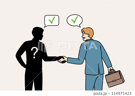 Business man shakes hands and makes deal with anonymous partner, risking becoming victim of scammer 114971423