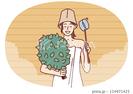 Girl stands in sauna with besom and ladle to adjust amount of steam during SPA procedures Girl stands in sauna with besom and ladle to adjust amount of steam during SPA procedures 114971425
