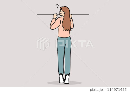 Curious woman peeks out from behind fence, standing on tiptoes to spy on neighbors Curious woman peeks out from behind fence, standing on tiptoes to spy on neighbors 114971435
