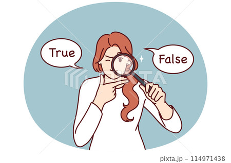 Girl with magnifying glass is trying to make choice that stands between inscriptions false and true Girl with magnifying glass is trying to make choice that stands between inscriptions false and true 114971438
