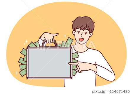 Happy man with suitcase full money showing off big profits from own business or cash won at casino 114971480