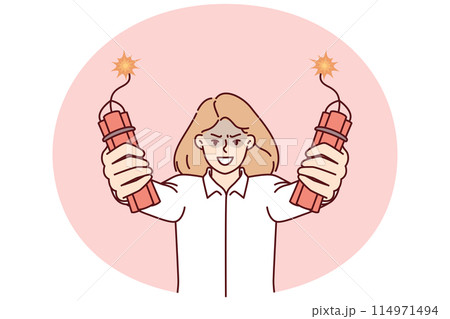 Angry businesswoman holding dynamite in hands threatening to make explosion company employees Angry businesswoman holding dynamite in hands threatening to make explosion company employees 114971494