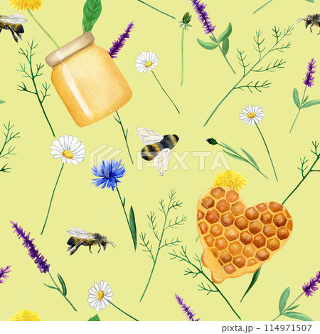 Seamless floral watercolor pattern with garden flowers, bee honey jar and honeycombs in the shape of a heart. Hand drawn in watercolor Seamless floral watercolor pattern with garden flowers, bee honey jar and honeycombs in the shape of a heart. Hand drawn in watercolor 114971507