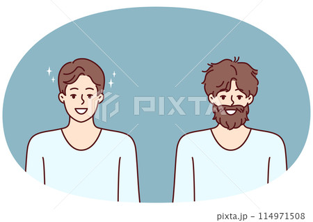 Man before and after going to barbershop to professional stylist for hair and beard care 114971508
