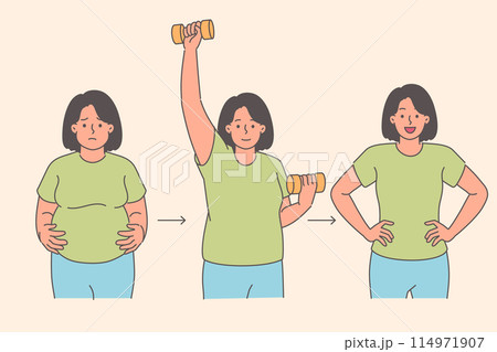 Evolution of woman losing excess weight and lifting dumbbells in gym to get rid of fat Evolution of woman losing excess weight and lifting dumbbells in gym to get rid of fat 114971907