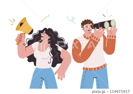 Tourist excursion with man traveler using binoculars and woman guide shouting into loudspeaker 114971917