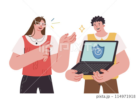 Antivirus software in laptop of man and girl, rejoicing at appearance of protection against virus 114971918