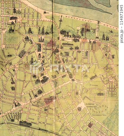 Kiev city plan of 1900. Old drawing map background 114971945