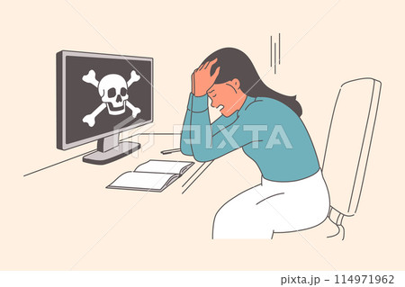 Woman victim of hacker attack is upset because computer was hacked sitting near coin with skull Woman victim of hacker attack is upset because computer was hacked sitting near coin with skull 114971962