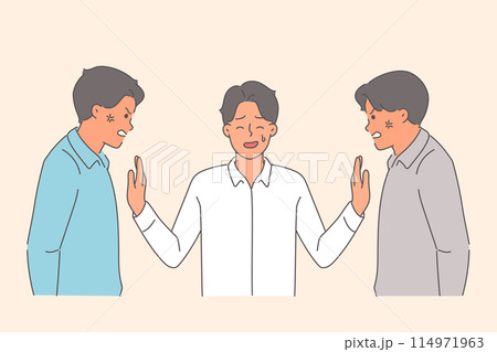 Man mediator calms angry colleagues arguing and conflicting over vision for company development 114971963