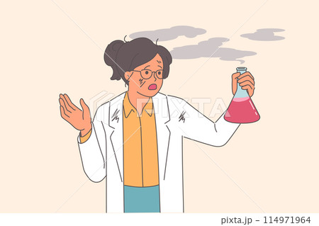 Woman scientist experienced failure when mixing reagents, holds smoking test tube in hands Woman scientist experienced failure when mixing reagents, holds smoking test tube in hands 114971964