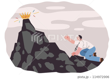 Business man strives to climb mountain with golden crown, trying to show leadership qualities 114972006
