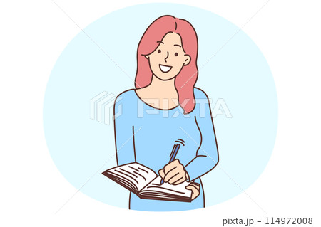 Smiling woman writing in notebook Smiling woman writing in notebook 114972008