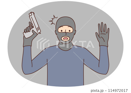 Male robber with gun raise hands up 114972017